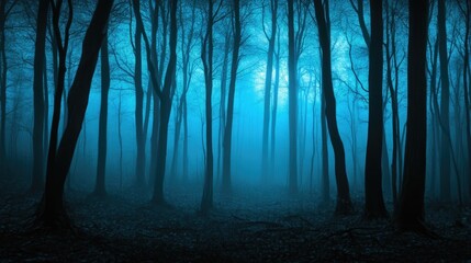 Obraz premium Nightmare Realm: Fog-Shrouded Trees with Haunting Spirits