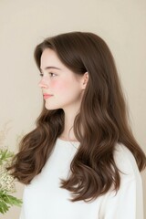Fototapeta premium Side profile portrait of a young woman with long wavy hair and natural beauty wearing a white outfit