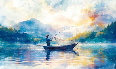 Watercolor fisherman casting a net from a boat, natural and serene, 3D illustration