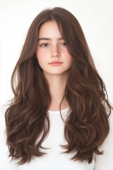 Naklejka premium Side profile portrait of a young woman with long wavy hair and natural beauty wearing a white outfit