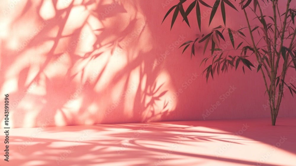 Poster a serene scene with bamboo shadows on a soft pink wall and floor, creating a calming atmosphere.