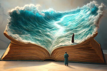 3D illustration of a large open book creatively transformed into Moses stands before the parted Red Sea, revealing a miraculous path through the water

