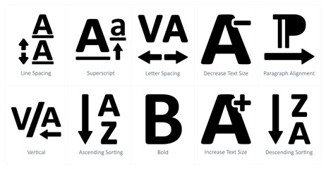 A set of 10 editing tools icons as line spacing, superscript, letter spacing