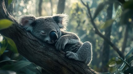Fototapeta premium A peaceful koala sleeping on a tree branch in a serene forest setting.