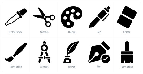 A set of 10 editing tools icons as color picker, scissors, theme