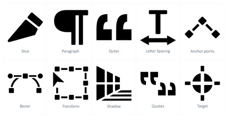 A set of 10 editing tools icons as slice, paragraph, quotes