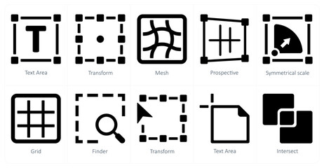 A set of 10 editing tools icons as text area, transform, mesh