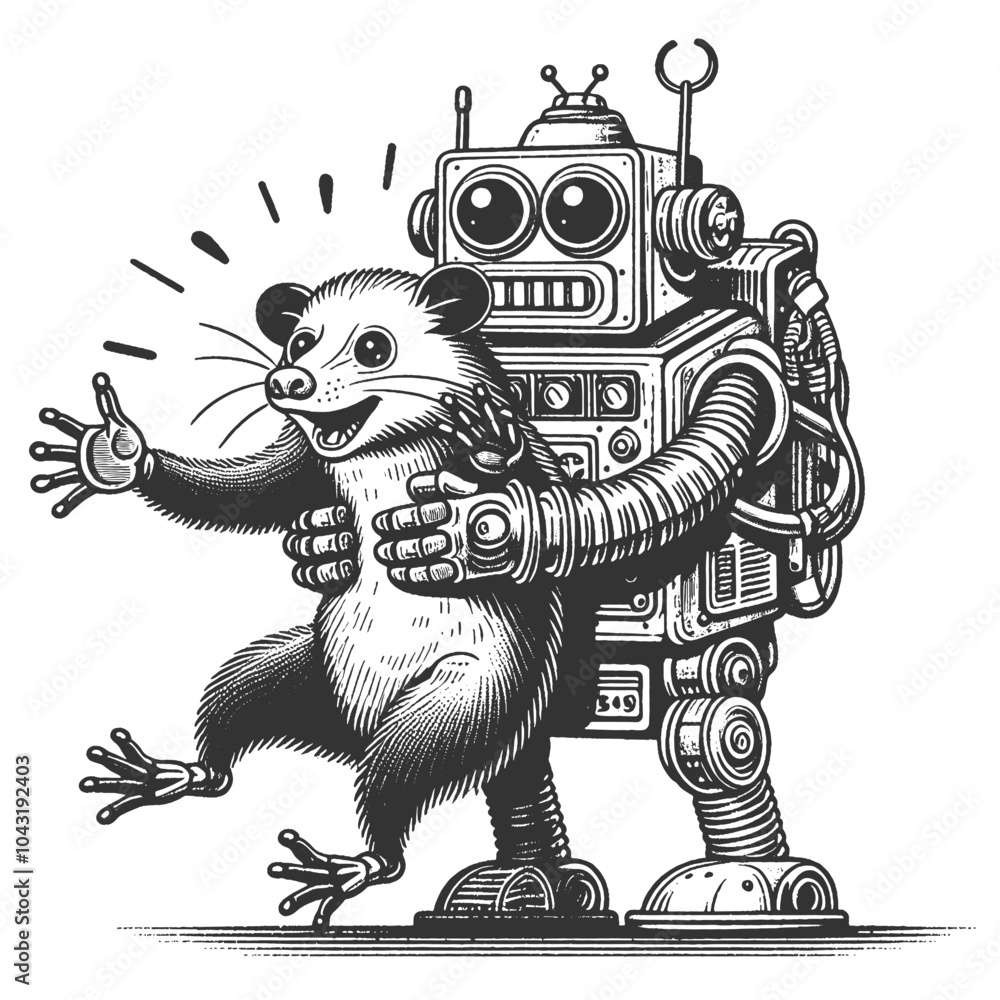 Poster robot affectionately hugging a surprised cartoon opossum, technology with wildlife in a humorous way