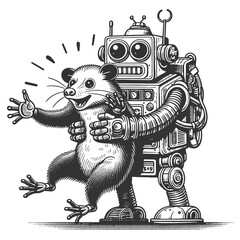 robot affectionately hugging a surprised cartoon opossum, technology with wildlife in a humorous way sketch engraving generative ai vector illustration. Scratch board imitation. Black and white image.