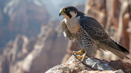 A falcon perches on a rock atop a rocky hill, its sharp eyes scanning the surroundings. The bird stands still, poised and alert, with the vast landscape stretching out below it.