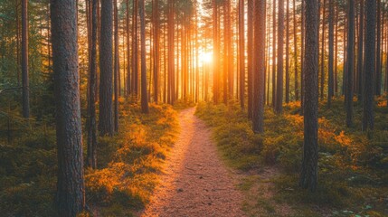 Fototapeta premium A serene forest path illuminated by sunset, inviting exploration and tranquility.