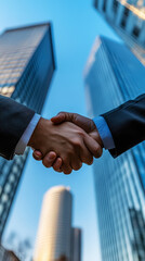 Close-up of business executives shaking hands in front of skyscraper. Generative AI