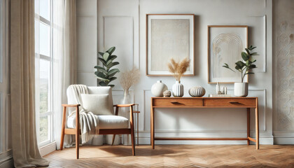 Fototapeta premium A bright and airy living room with a simple yet elegant design, showcasing a wooden console table with decorative items, a framed artwork, and an inviting armchair in a minimalist corner.