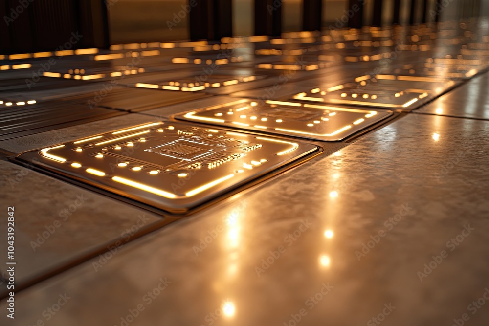 Poster golden glowing circuit boards. represents data processing and technology.