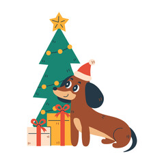 Dachshund Dog with Christmas Tree and Gifts. Cute hand drawn purebred puppy in Santa hat with Xmas decoration. Cartoon flat design. Vector illustration