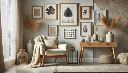 A stylish, minimalist home interior with a cozy armchair, a decorative console table, and framed artwork on the wall, creating a serene and inviting atmosphere with neutral colors and natural textures