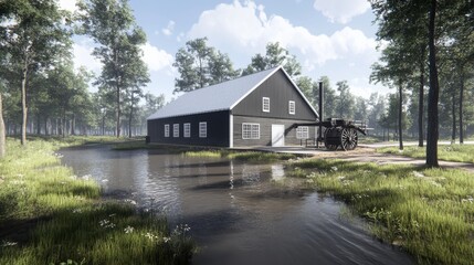Fototapeta premium A rustic black farmhouse sits by a tranquil stream, surrounded by lush greenery and a dense forest. A vintage tractor sits by the water's edge.