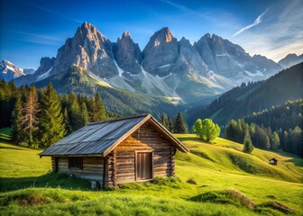 Fototapeta premium Serene Alpine Landscape with Isolated Hay Hut Surrounded by Majestic Mountains and Lush Greenery in a Picturesque Setting