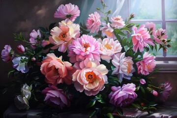 Vibrant floral painting showcasing a harmonious blend of colors and intricate details, celebrating nature's beauty.