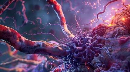 High-Resolution Necrotic Cell Structure: Vibrant Highlighted Components, Surrounding Tissue Context