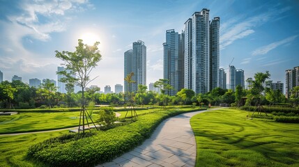 Obraz premium Urban Park with Skyscrapers under Bright Blue Sky