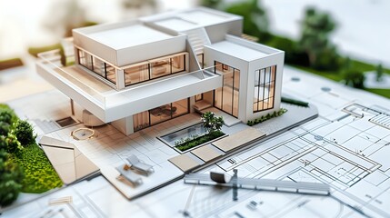 Fototapeta premium Modern Architectural Model on Blueprints