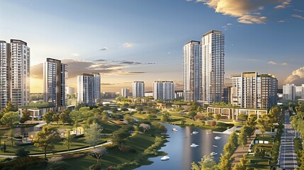 Fototapeta premium Modern Urban Landscape with Water and Green Space