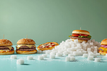 Fast food items with sugar cubes on pastel background, unhealthy eating concept