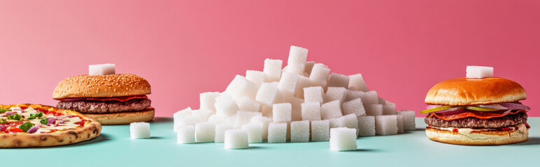 Fast food items with sugar cubes on pastel background, unhealthy eating concept