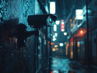 A security camera mounted on a wall overlooking a rainy city street at night.  The camera is focused on the street ahead, while the background is blurry with lights and reflections.