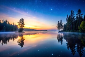 Fototapeta premium Serene Night Photography of a Tranquil Lake at Dawn with Mist and Starry Sky, Capturing Reflections of Nature, Peaceful Waters, and Early Morning Light