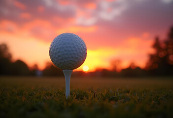 golf ball on tee at sunset creates serene atmosphere
