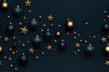 Fototapeta premium Elegant pattern of gold and black Christmas ornaments, including stars and baubles, creating festive atmosphere. Perfect for holiday decorations and seasonal themes