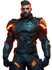 Fototapeta premium Gaming character man with cyberpunk armor and glowing shoulder pads on a white background.