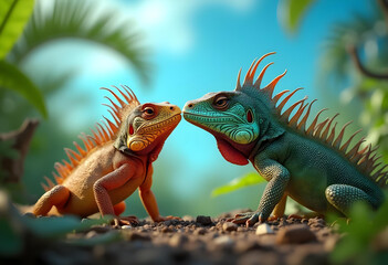 Obraz premium Lively iguanas with vibrant colors face each other in tropical setting