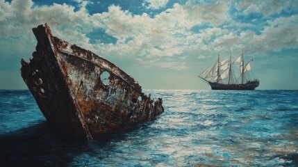 Fototapeta premium A rusty shipwreck rests in the shallows of the ocean, a sailing ship in the distance.