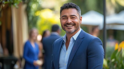 Obraz premium Smiling businessman in suit, outside. Perfect for business, finance, and success concepts.