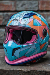 Fototapeta premium A modern helmet showcases a chic geometric design in Pacific Cyan, Oxford Blue, Mimi Pink, Pear, and Orange. Set against a blurred dark background, it exudes style and sophistication.