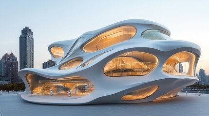Fototapeta premium Modern Architecture Futuristic Design White Building Glass Windows Urban Cityscape
