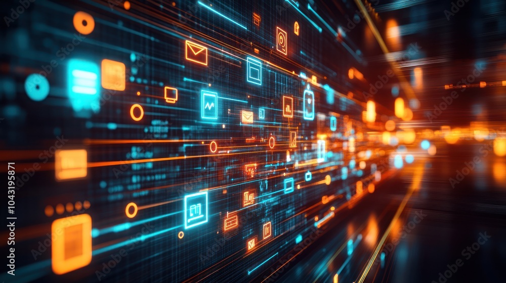 Poster abstract digital background with glowing icons and lines representing data and technology.