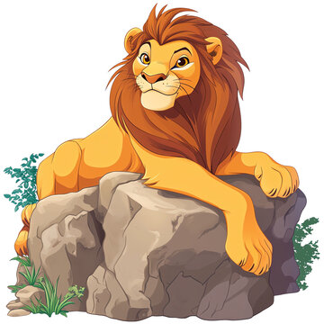 A majestic cartoon lion resting on a rock, showcasing its vibrant mane and regal pose in a colorful and playful style.