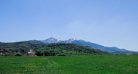 Expansive green fields with snow capped mountains under a clear blue sky in springtime