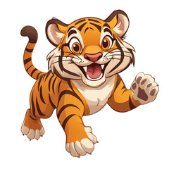 Fototapeta premium A cheerful cartoon tiger character, playfully running with a big smile, perfect for children's illustrations and playful themes.