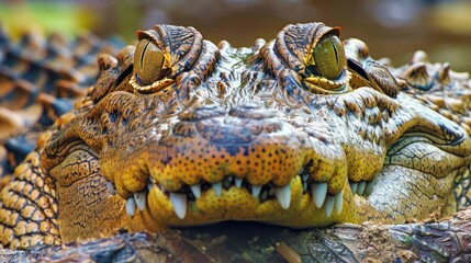 Fototapeta premium A massive crocodile glides silently across the water's surface, its eyes just above the waterline, poised and watchful. Its powerful body cuts through the calm water with quiet precision.