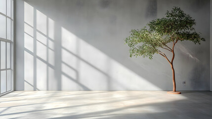 Minimalist Interior Design with Tree in a Concrete Room - 3D Illustration