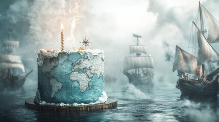 A whimsical cake shaped like a globe, surrounded by ships in a misty ocean.
