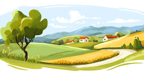 Picturesque hilly landscape with a winding path and countryside houses, isolated on transparent cutout background