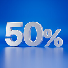 White fifty percent or 50 % isolated on blue background. 3D render