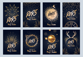 Set of Christmas banners. 2025 new year. Glowing particles, fireworks and lights. Templates for banners, flyers, posters, cards. Vector illustration.