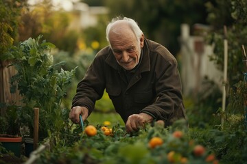 An elderly man candidly captured while tending to his garden, surrounded by lush greenery.